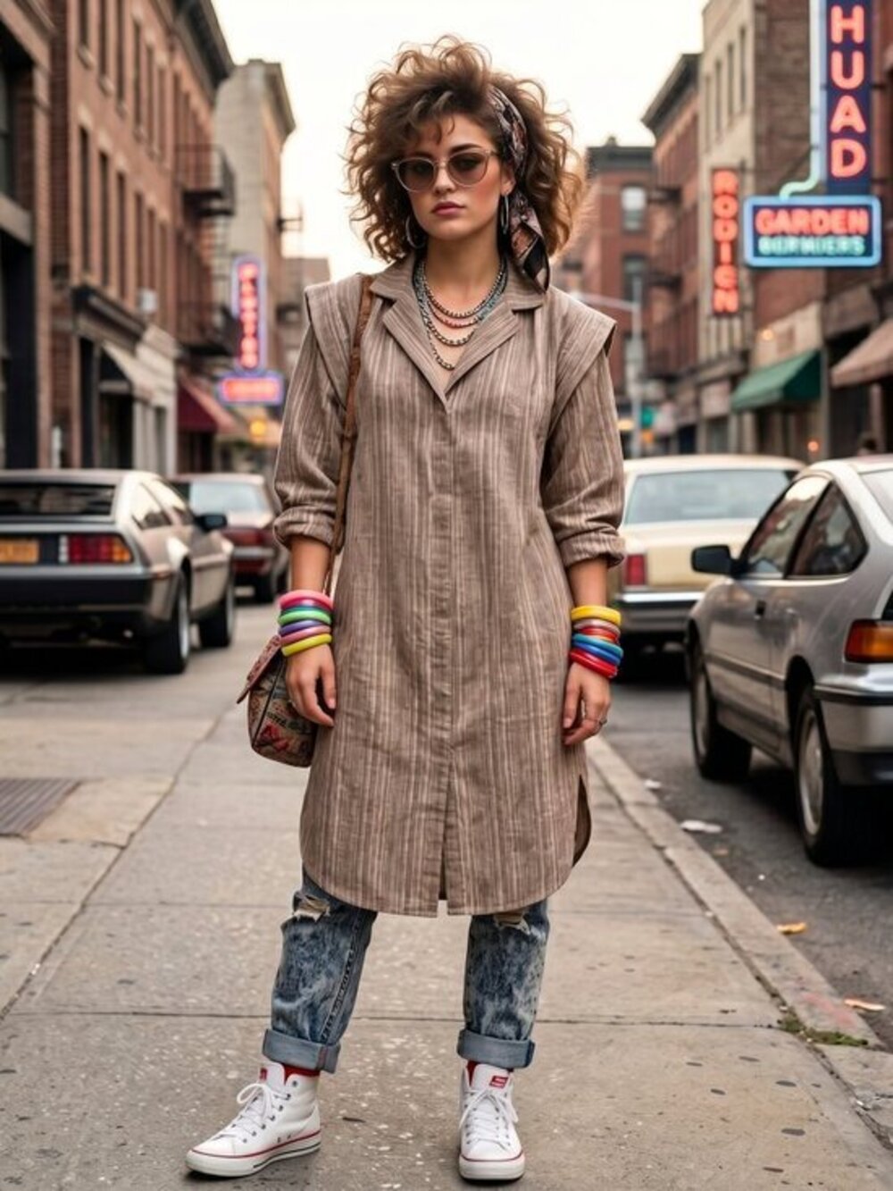 Vintage 1980s Robbie Bee Taupe Striped Collared Dress